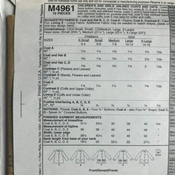 McCall's M4961 Children's Unlined Coats and Hats Pattern - Extra Small/Small - Picture 4 of 5